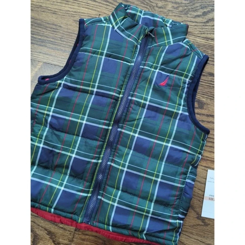 NWT Nautica Puffer Vest Boy's 2T Tartan Green Blue‎ Red Plaid Holiday Christmas